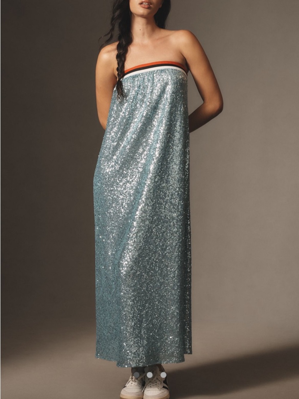 Anthropologie Sequin Strapless Maxi Dress in Aqua with Red and Black Trim